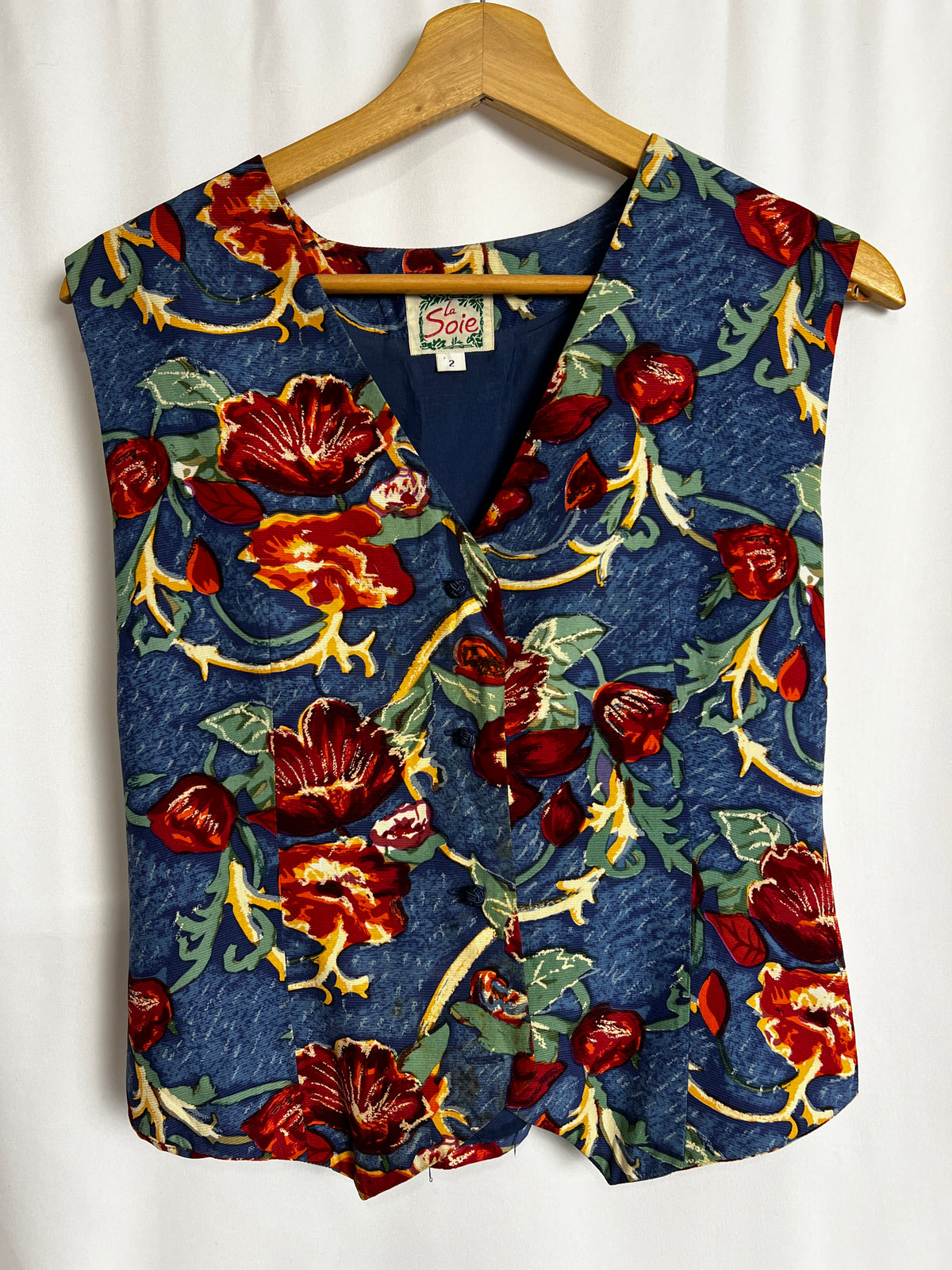 Vintage Floral 100% Silk Vest Made In France Size M