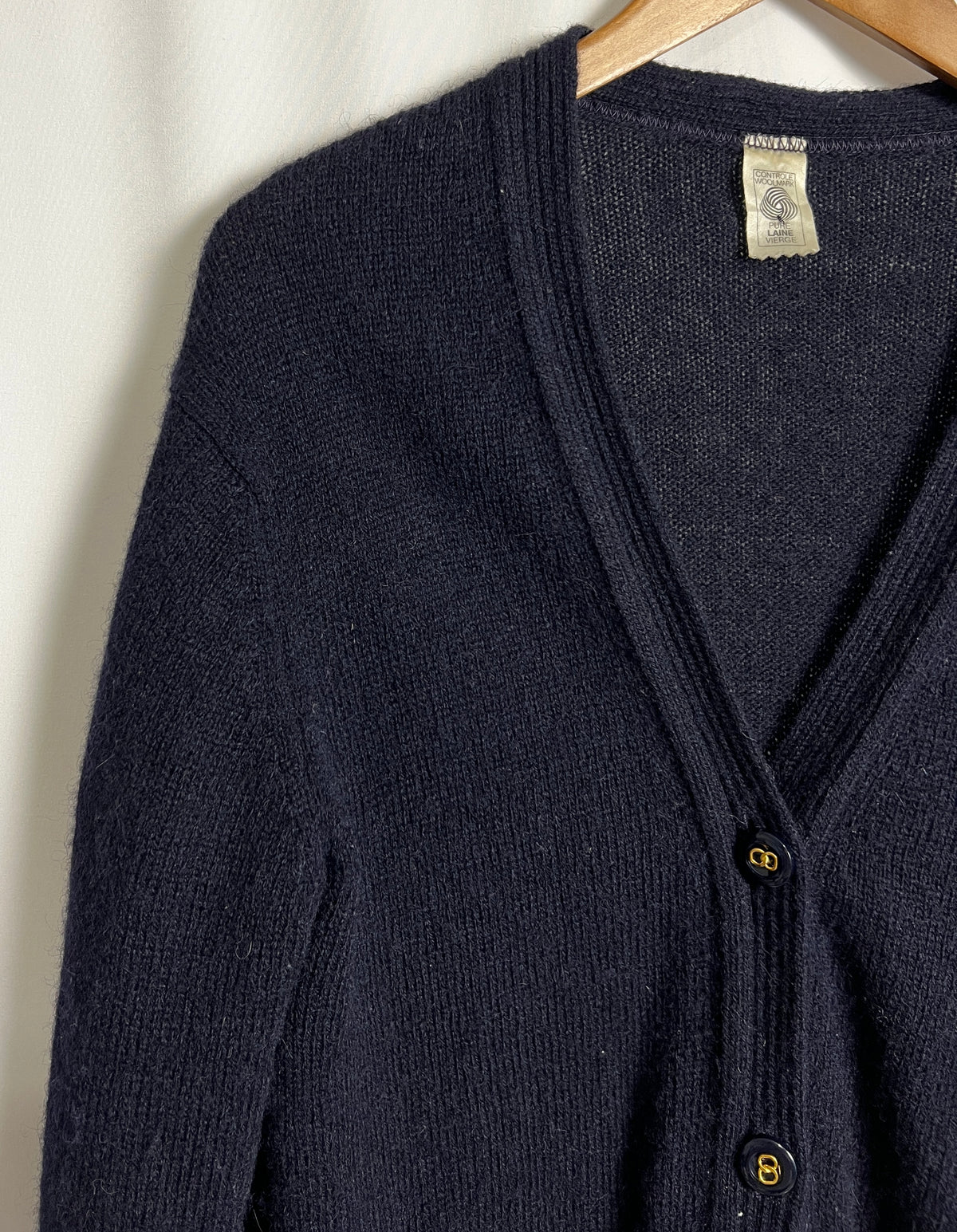 Vintage Woolmark 100% Pure Virgin Wool Cardigan With Gold Details Made In France Size S