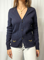 Vintage Woolmark 100% Pure Virgin Wool Cardigan With Gold Details Made In France Size S