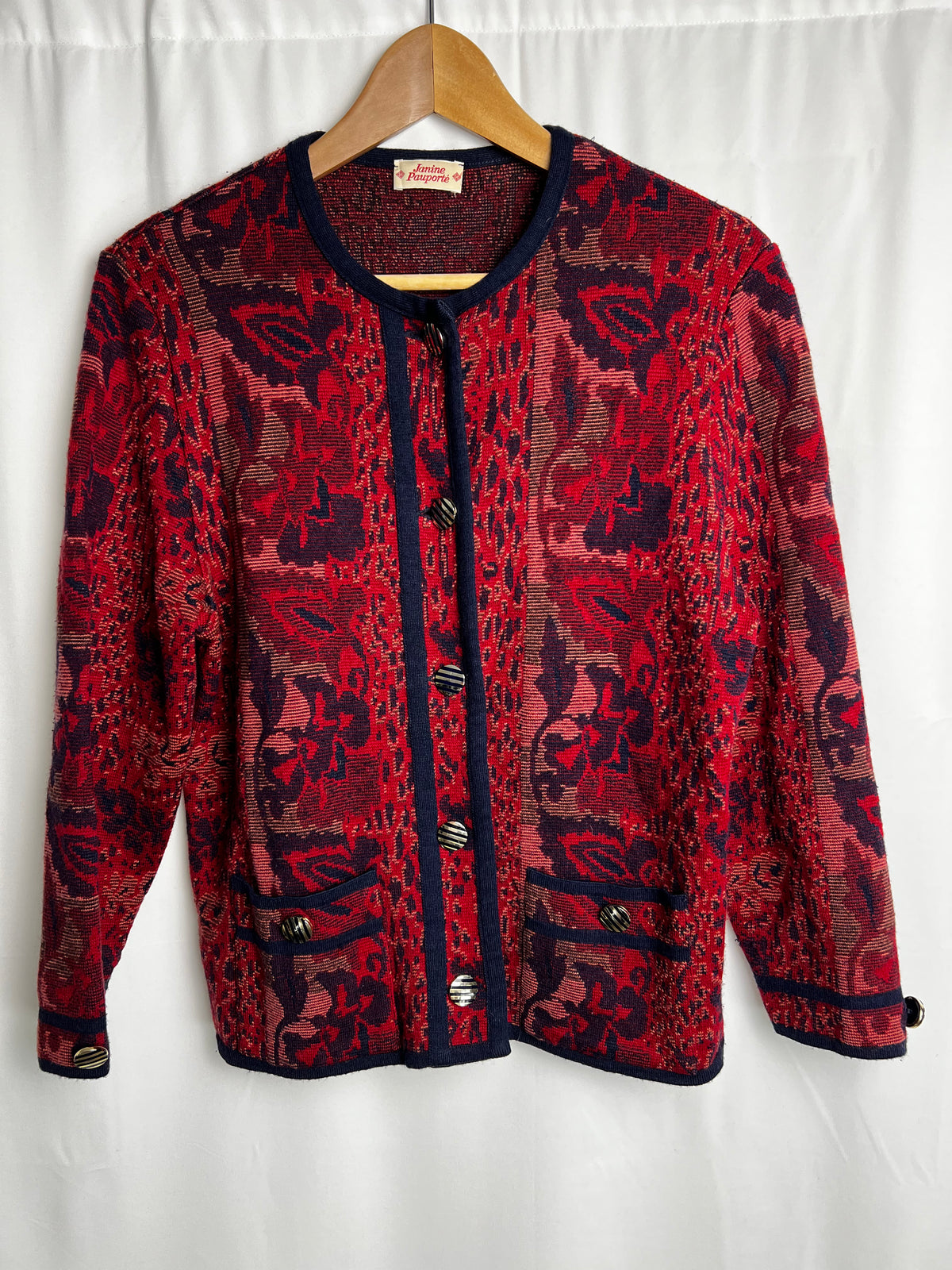 Vintage Janine Pauporté Wool Cardigan Made in France Size M