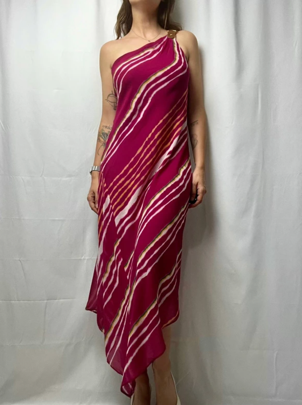 Ralph Lauren Striped One Shoulder Crinkle Georgette Maxi Dress size M