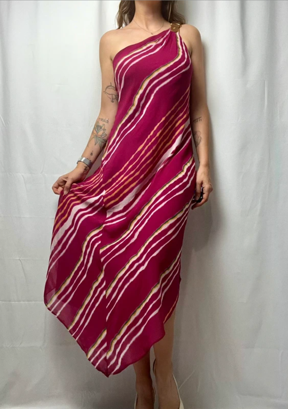 Ralph Lauren Striped One Shoulder Crinkle Georgette Maxi Dress size M