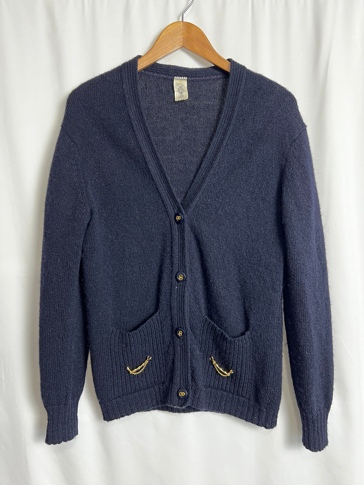 Vintage Woolmark 100% Pure Virgin Wool Cardigan With Gold Details Made In France Size S