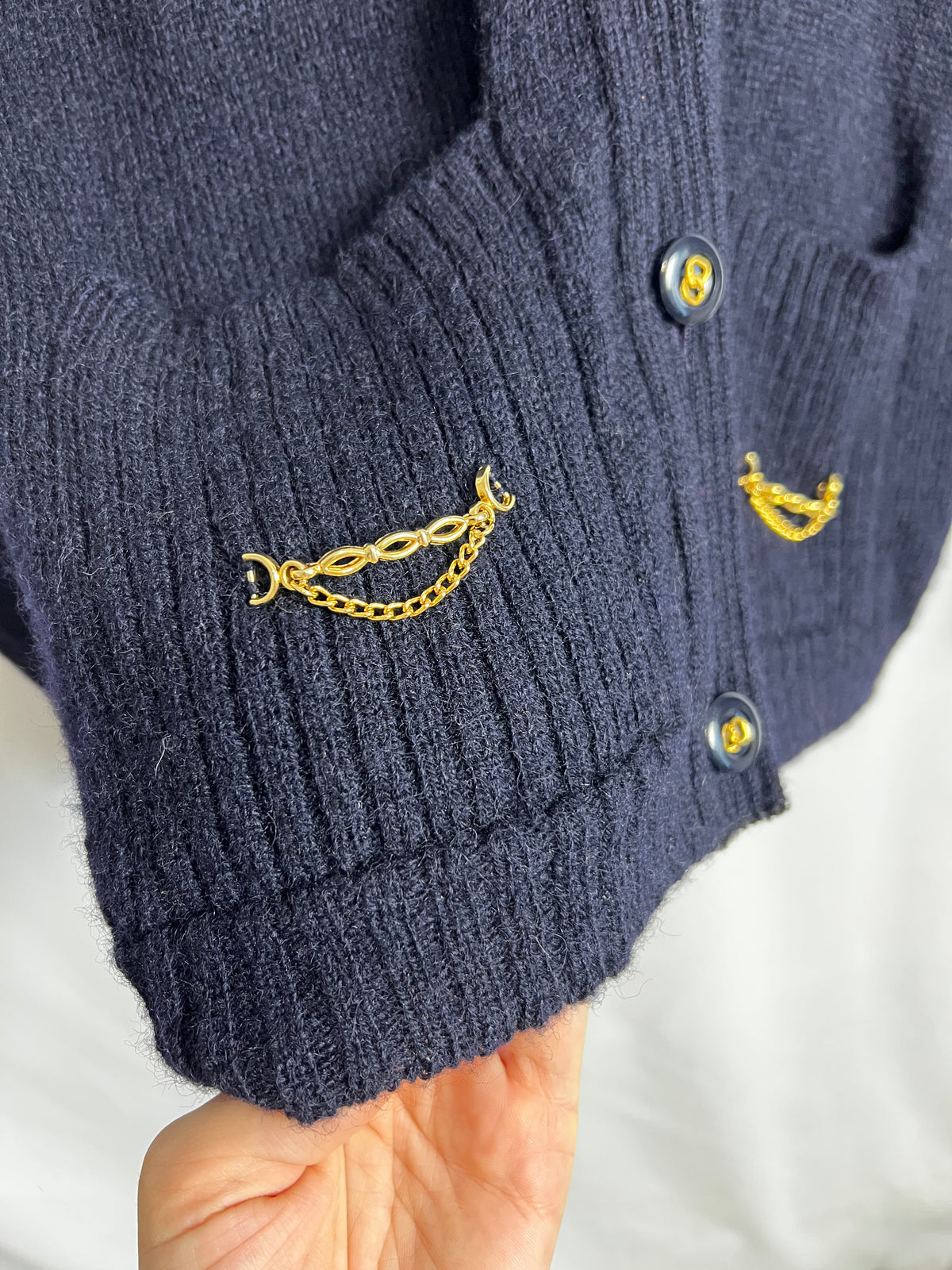 Vintage Woolmark 100% Pure Virgin Wool Cardigan With Gold Details Made In France Size S