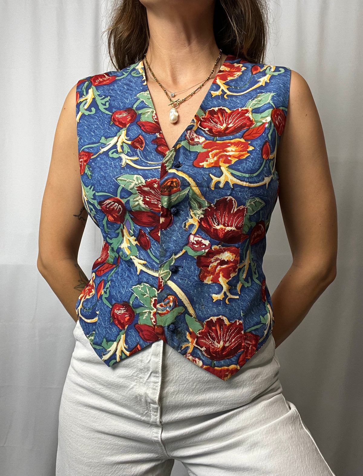 Vintage Floral 100% Silk Vest Made In France Size M