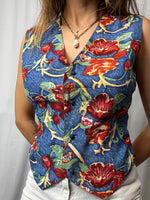 Vintage Floral 100% Silk Vest Made In France Size M