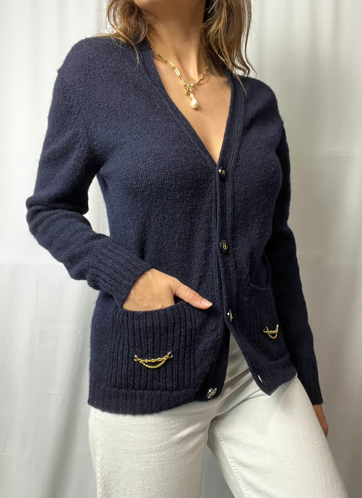 Vintage Woolmark 100% Pure Virgin Wool Cardigan With Gold Details Made In France Size S