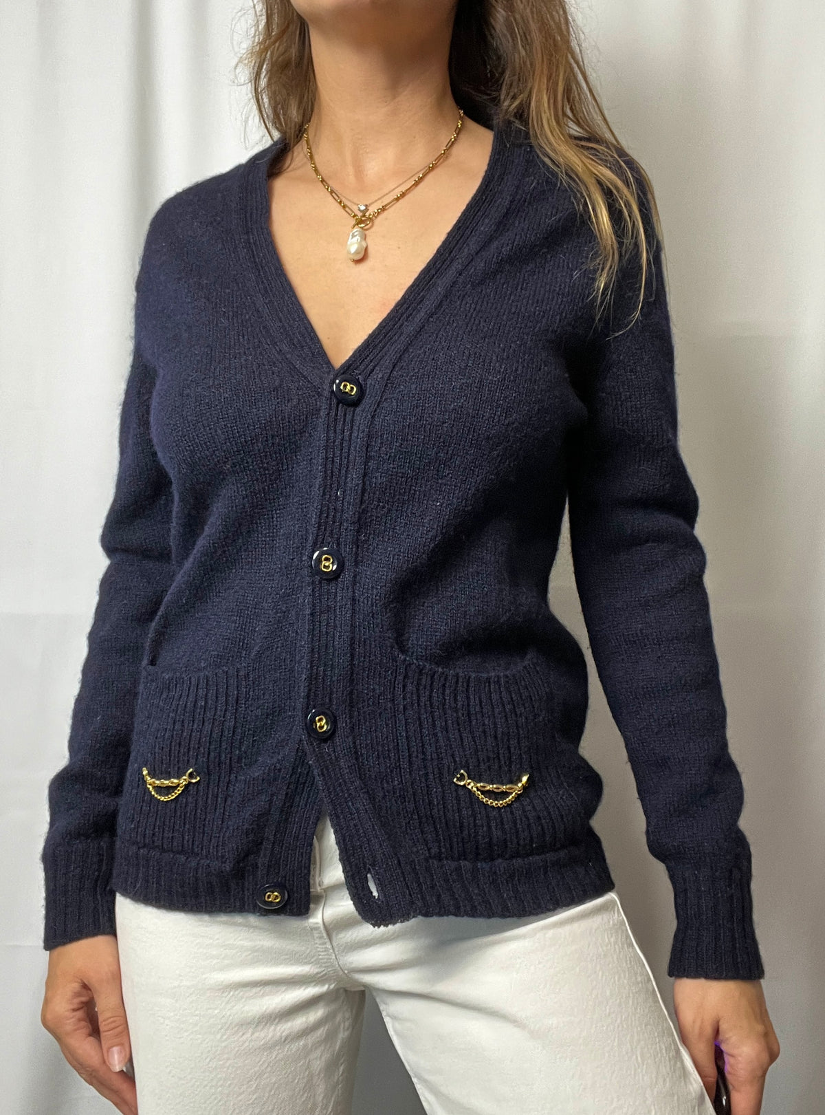 Vintage Woolmark 100% Pure Virgin Wool Cardigan With Gold Details Made In France Size S