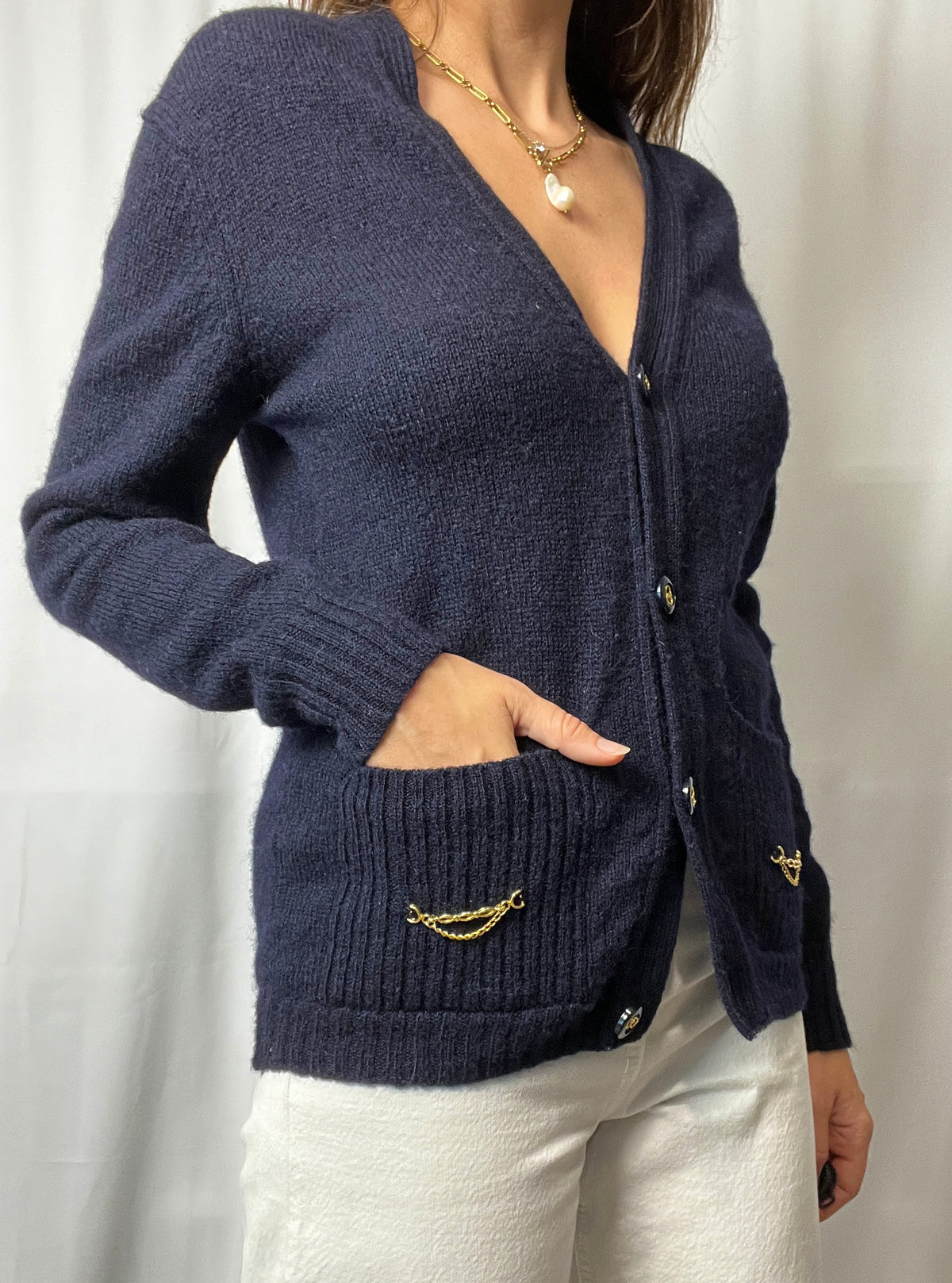 Vintage Woolmark 100% Pure Virgin Wool Cardigan With Gold Details Made In France Size S