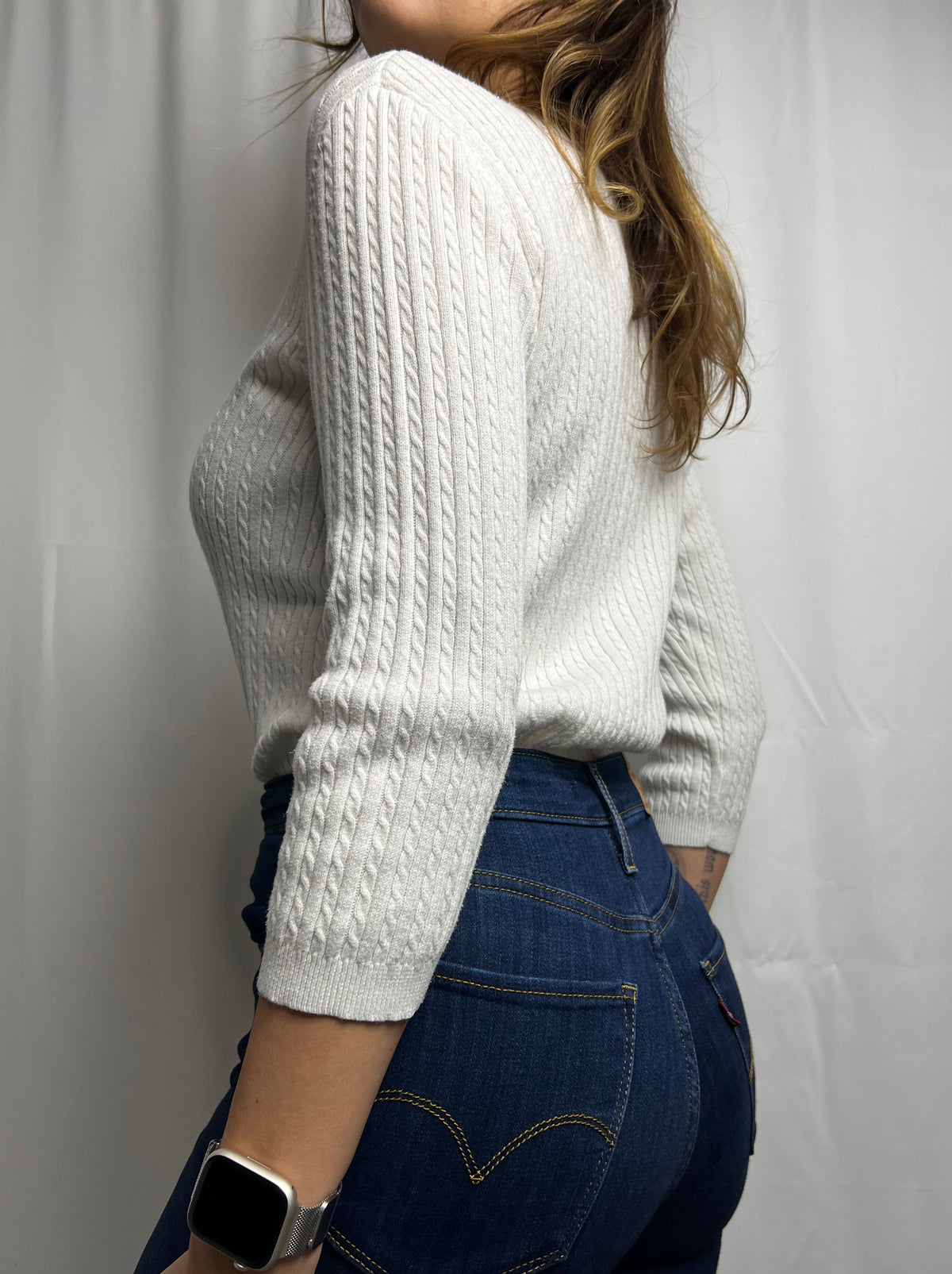 Ralph Lauren Ivory Micro Cable Knit V-Neck Sweater