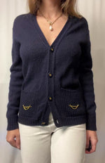 Vintage Woolmark 100% Pure Virgin Wool Cardigan With Gold Details Made In France Size S